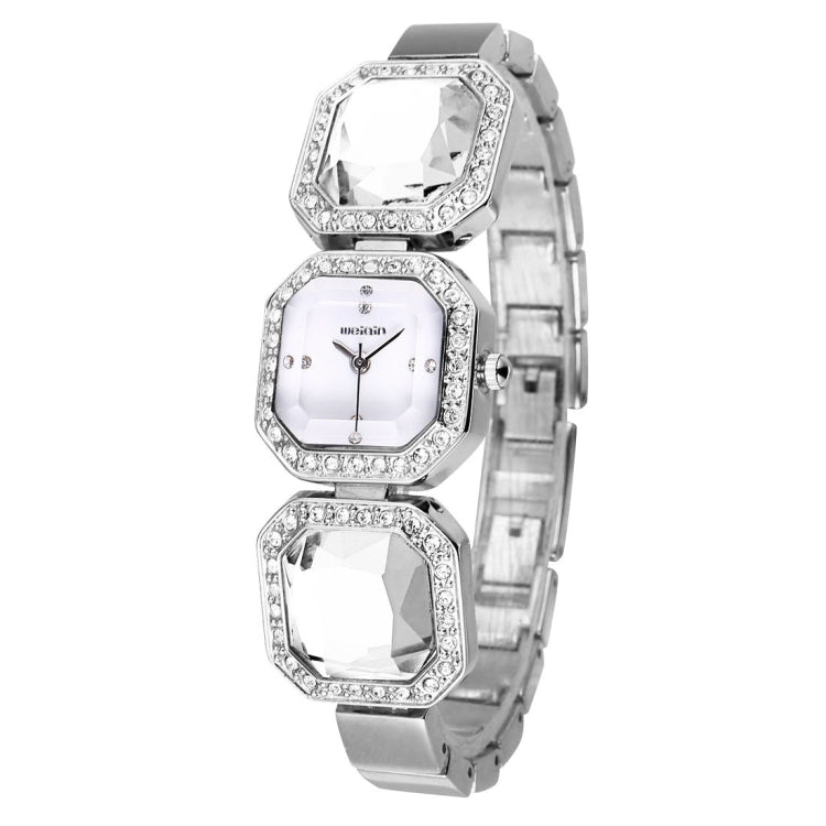 WeiQin 3912 Fashionable and Concise Diamond Dial Acrylic Crystal Window Quartz Jewelry Bracelet Wrist Watch with Diamond Encrusted Alloy Band for Women