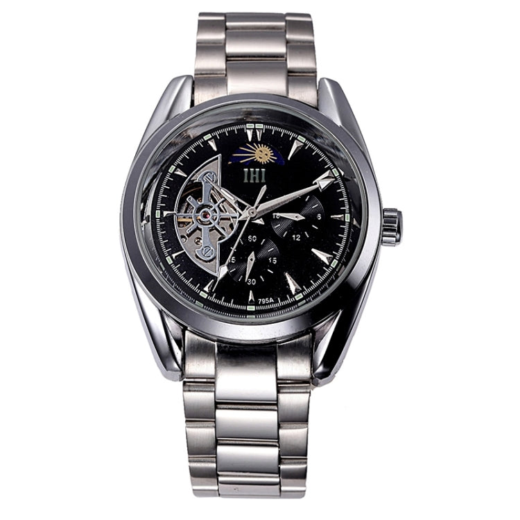 IHI C728 Life Waterproof Round Hollow Dial Automatic Mechanical Fashion Men Watch with Stainless Steel Band & 24 Hours Dial & Moon and Stars Small Dial & Luminous Display