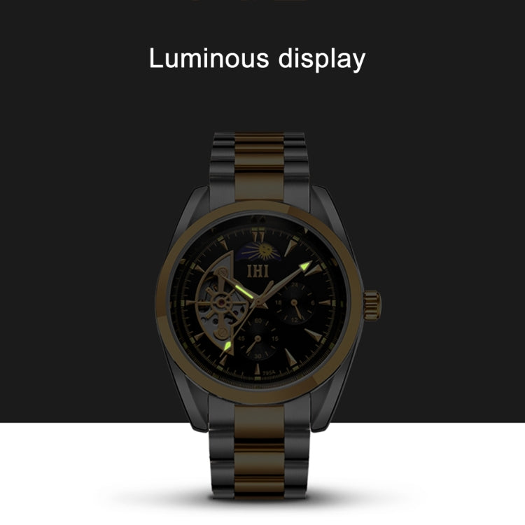 IHI C728 Life Waterproof Round Hollow Dial Automatic Mechanical Fashion Men Watch with Stainless Steel Band & 24 Hours Dial & Moon and Stars Small Dial & Luminous Display