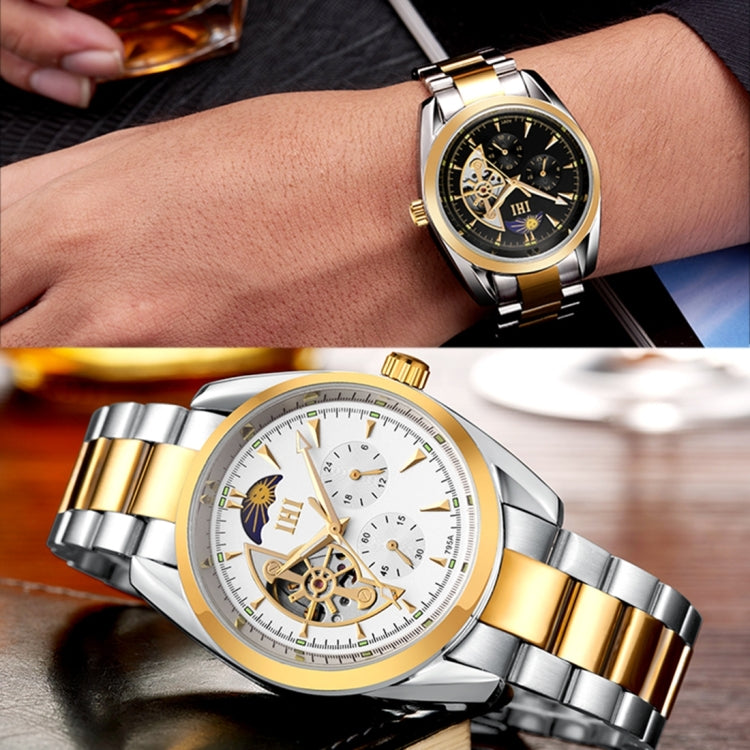 IHI C728 Life Waterproof Round Hollow Dial Automatic Mechanical Fashion Men Watch with Stainless Steel Band & 24 Hours Dial & Moon and Stars Small Dial & Luminous Display