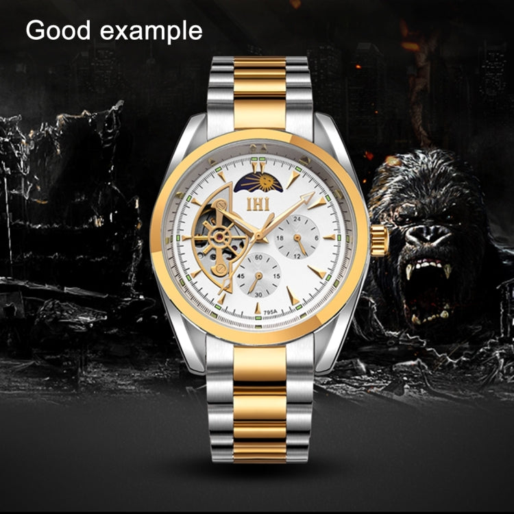 IHI C728 Life Waterproof Round Hollow Dial Automatic Mechanical Fashion Men Watch with Stainless Steel Band & 24 Hours Dial & Moon and Stars Small Dial & Luminous Display