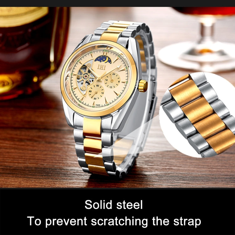 IHI C728 Life Waterproof Round Hollow Dial Automatic Mechanical Fashion Men Watch with Stainless Steel Band & 24 Hours Dial & Moon and Stars Small Dial & Luminous Display