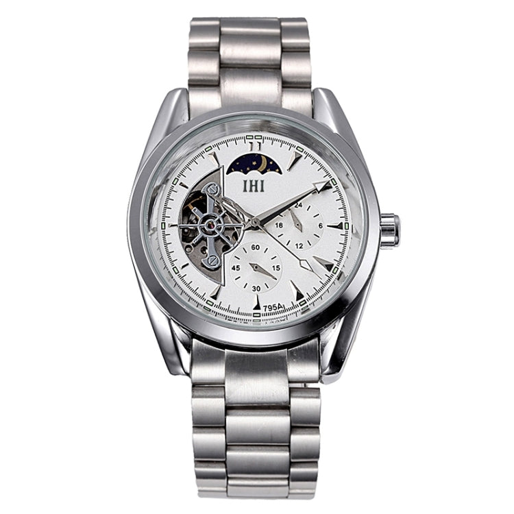 IHI C728 Life Waterproof Round Hollow Dial Automatic Mechanical Fashion Men Watch with Stainless Steel Band & 24 Hours Dial & Moon and Stars Small Dial & Luminous Display