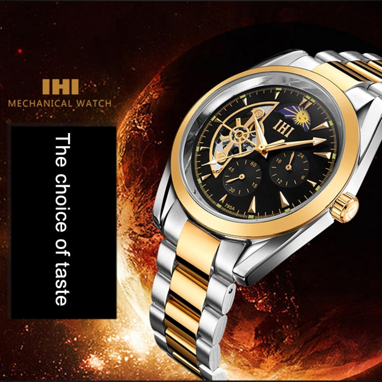 IHI C728 Life Waterproof Round Hollow Dial Automatic Mechanical Fashion Men Watch with Stainless Steel Band & 24 Hours Dial & Moon and Stars Small Dial & Luminous Display