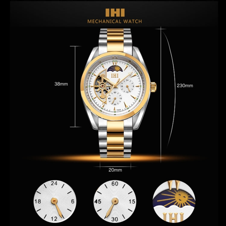IHI C728 Life Waterproof Round Hollow Dial Automatic Mechanical Fashion Men Watch with Stainless Steel Band & 24 Hours Dial & Moon and Stars Small Dial & Luminous Display