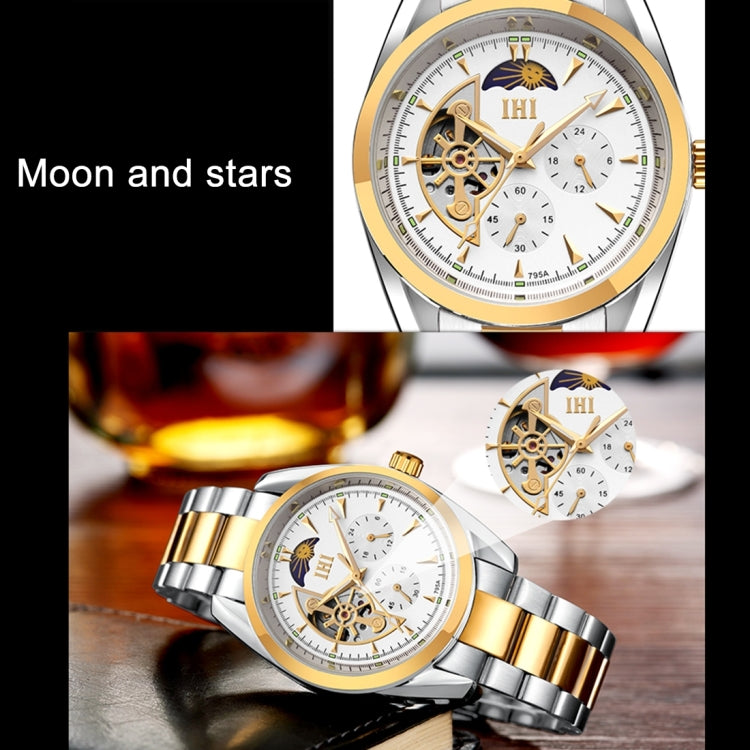 IHI C728 Life Waterproof Round Hollow Dial Automatic Mechanical Fashion Men Watch with Stainless Steel Band & 24 Hours Dial & Moon and Stars Small Dial & Luminous Display