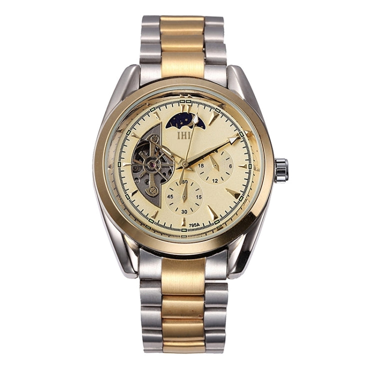 IHI C728 Life Waterproof Round Hollow Dial Automatic Mechanical Fashion Men Watch with Stainless Steel Band & 24 Hours Dial & Moon and Stars Small Dial & Luminous Display