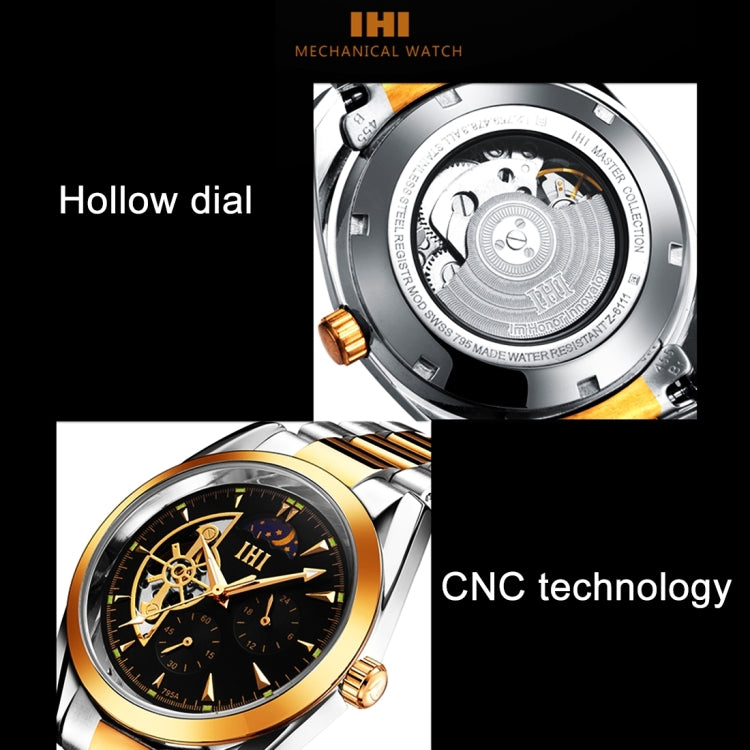 IHI C728 Life Waterproof Round Hollow Dial Automatic Mechanical Fashion Men Watch with Stainless Steel Band & 24 Hours Dial & Moon and Stars Small Dial & Luminous Display
