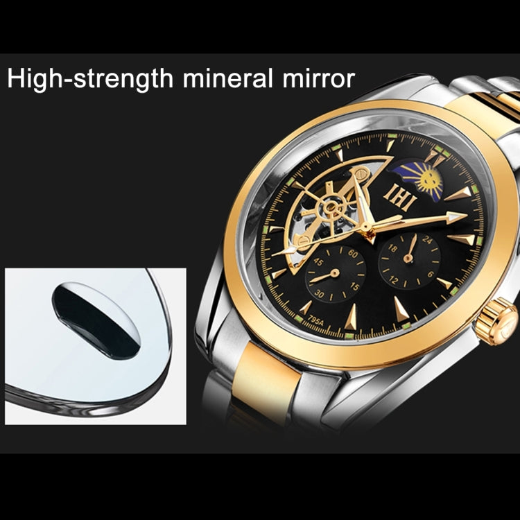 IHI C728 Life Waterproof Round Hollow Dial Automatic Mechanical Fashion Men Watch with Stainless Steel Band & 24 Hours Dial & Moon and Stars Small Dial & Luminous Display