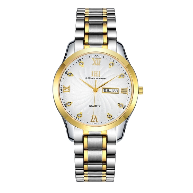 IHI A602 Life Waterproof Round Dial Import Quartz Movement Fashion Men Watch with Stainless Steel Band & Calendar & Week Display & Diamond Encrusted