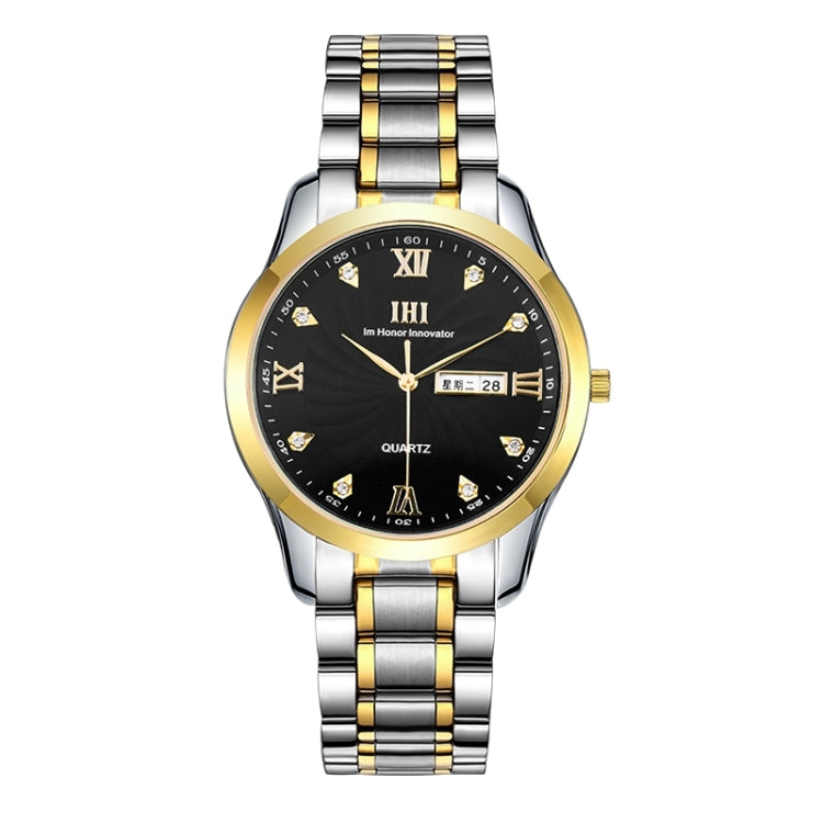 IHI A602 Life Waterproof Round Dial Import Quartz Movement Fashion Men Watch with Stainless Steel Band & Calendar & Week Display & Diamond Encrusted