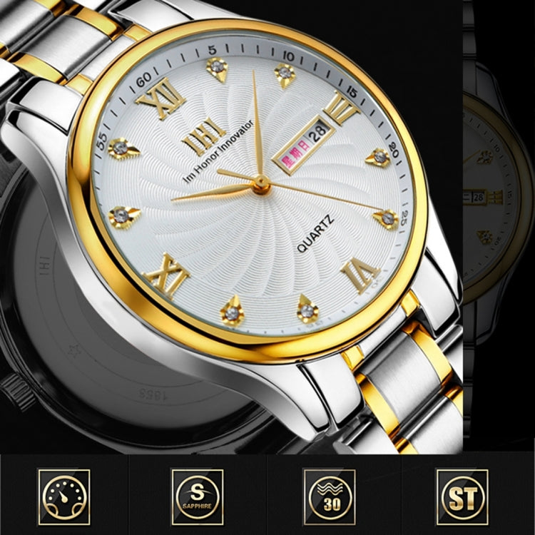 IHI A602 Life Waterproof Round Dial Import Quartz Movement Fashion Men Watch with Stainless Steel Band & Calendar & Week Display & Diamond Encrusted