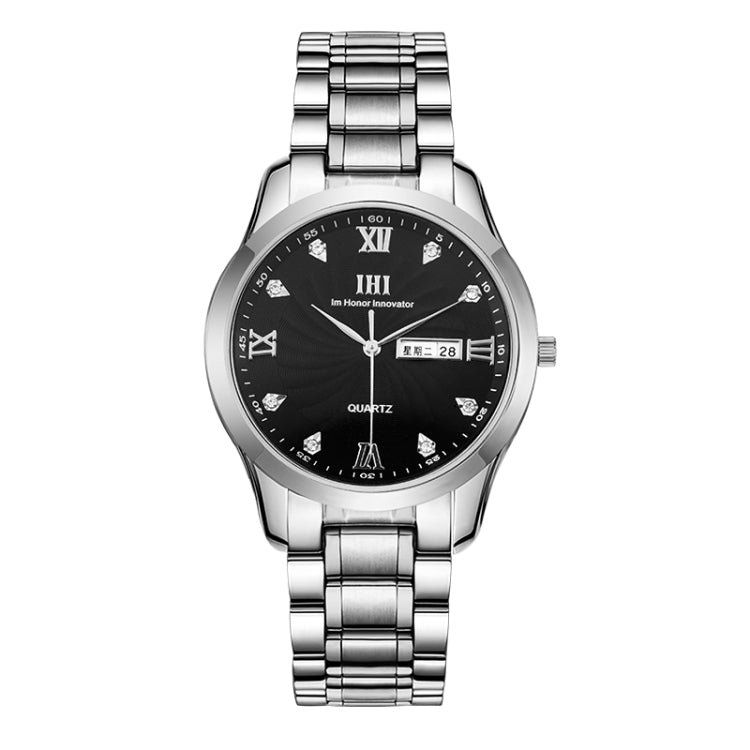 IHI A602 Life Waterproof Round Dial Import Quartz Movement Fashion Men Watch with Stainless Steel Band & Calendar & Week Display & Diamond Encrusted