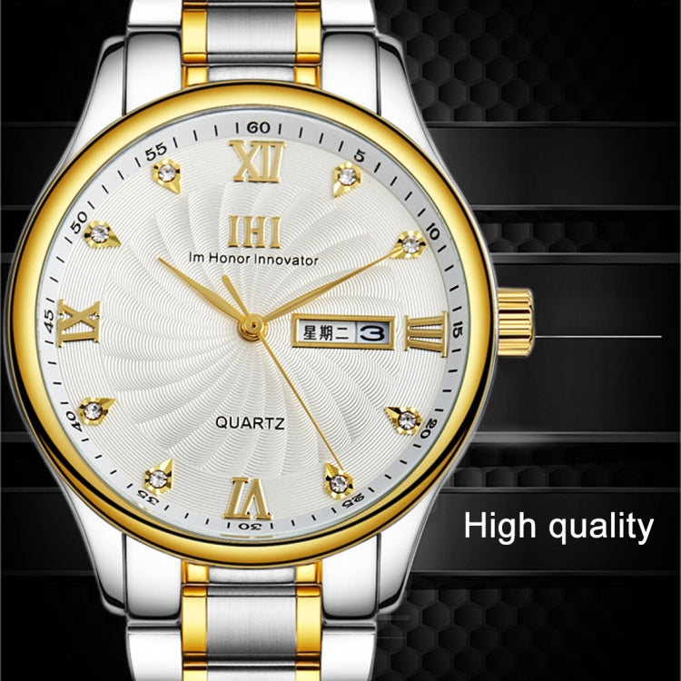 IHI A602 Life Waterproof Round Dial Import Quartz Movement Fashion Men Watch with Stainless Steel Band & Calendar & Week Display & Diamond Encrusted