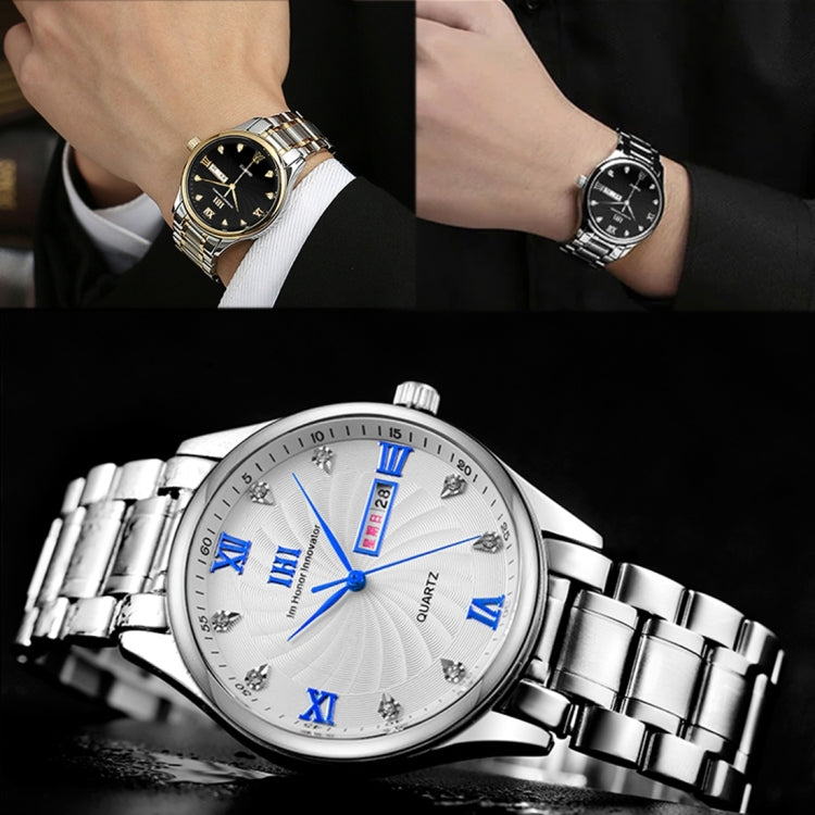 IHI A602 Life Waterproof Round Dial Import Quartz Movement Fashion Men Watch with Stainless Steel Band & Calendar & Week Display & Diamond Encrusted