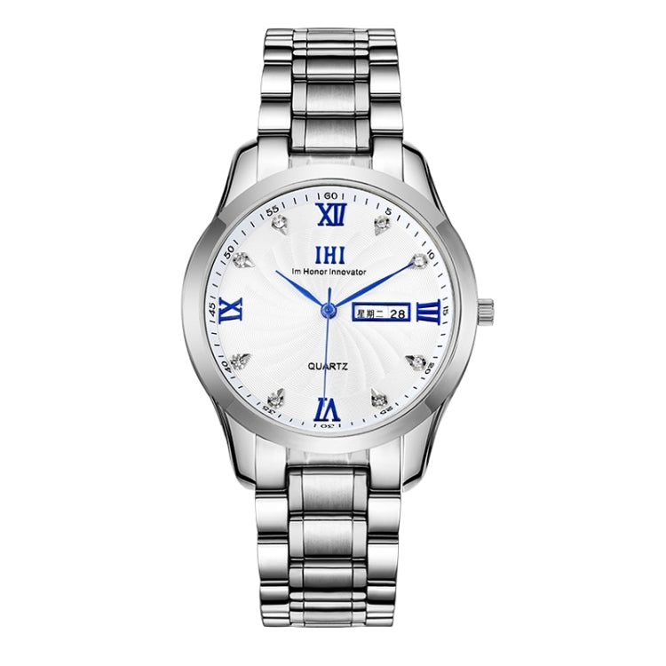 IHI A602 Life Waterproof Round Dial Import Quartz Movement Fashion Men Watch with Stainless Steel Band & Calendar & Week Display & Diamond Encrusted