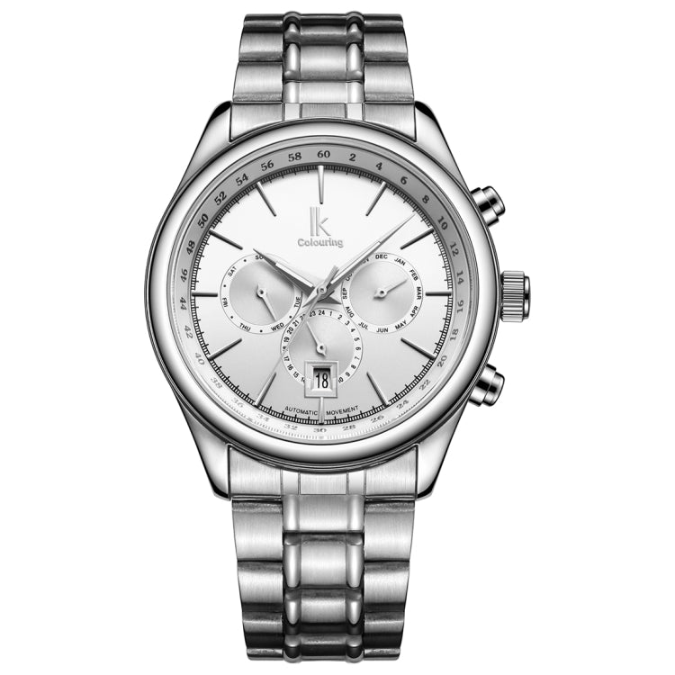 IK COLOURING 3321 1ATM Waterproof Sport Mechanical Men Watch with Stainless Steel Strap & Luminous Hands & Simple Nailed Scale & Arabic Number, Nailed Scale & Multi-functional Three Dials & Month, Week,24 Hours Dial & Calendar Display(Silver)