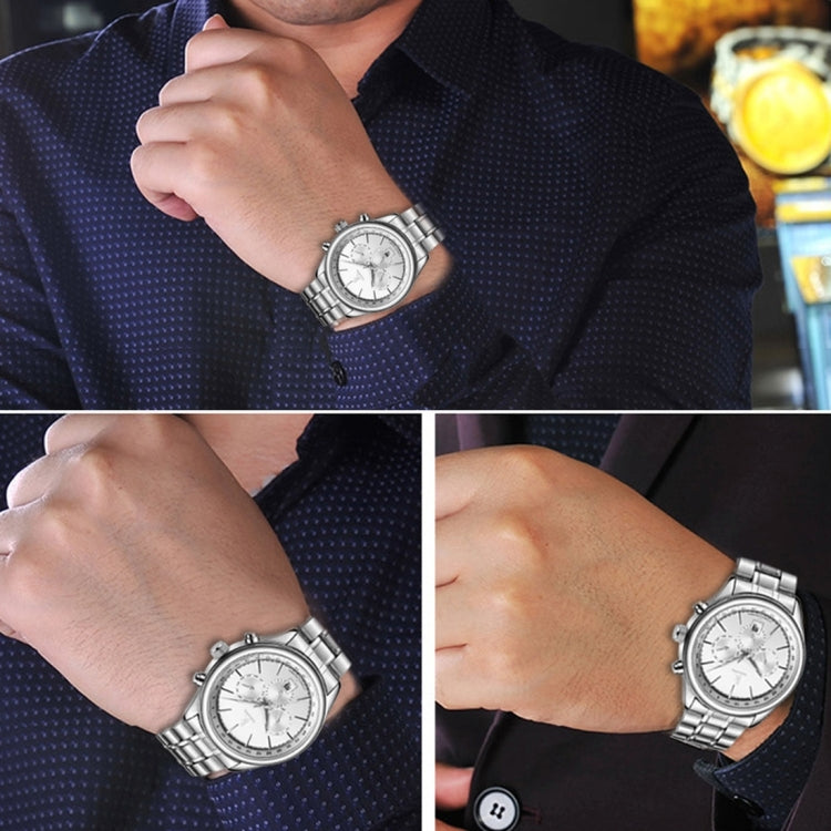 IK COLOURING 3321 1ATM Waterproof Sport Mechanical Men Watch with Stainless Steel Strap & Luminous Hands & Simple Nailed Scale & Arabic Number, Nailed Scale & Multi-functional Three Dials & Month, Week,24 Hours Dial & Calendar Display(Silver)