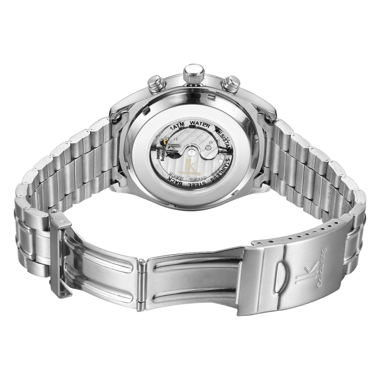 IK COLOURING 3321 1ATM Waterproof Sport Mechanical Men Watch with Stainless Steel Strap & Luminous Hands & Simple Nailed Scale & Arabic Number, Nailed Scale & Multi-functional Three Dials & Month, Week,24 Hours Dial & Calendar Display(Silver)