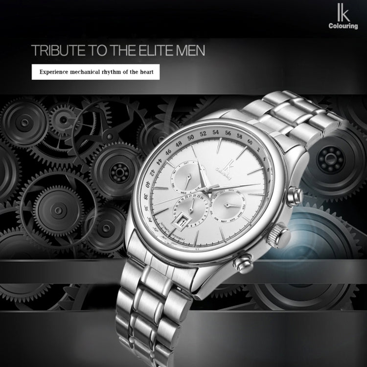 IK COLOURING 3321 1ATM Waterproof Sport Mechanical Men Watch with Stainless Steel Strap & Luminous Hands & Simple Nailed Scale & Arabic Number, Nailed Scale & Multi-functional Three Dials & Month, Week,24 Hours Dial & Calendar Display(Silver)