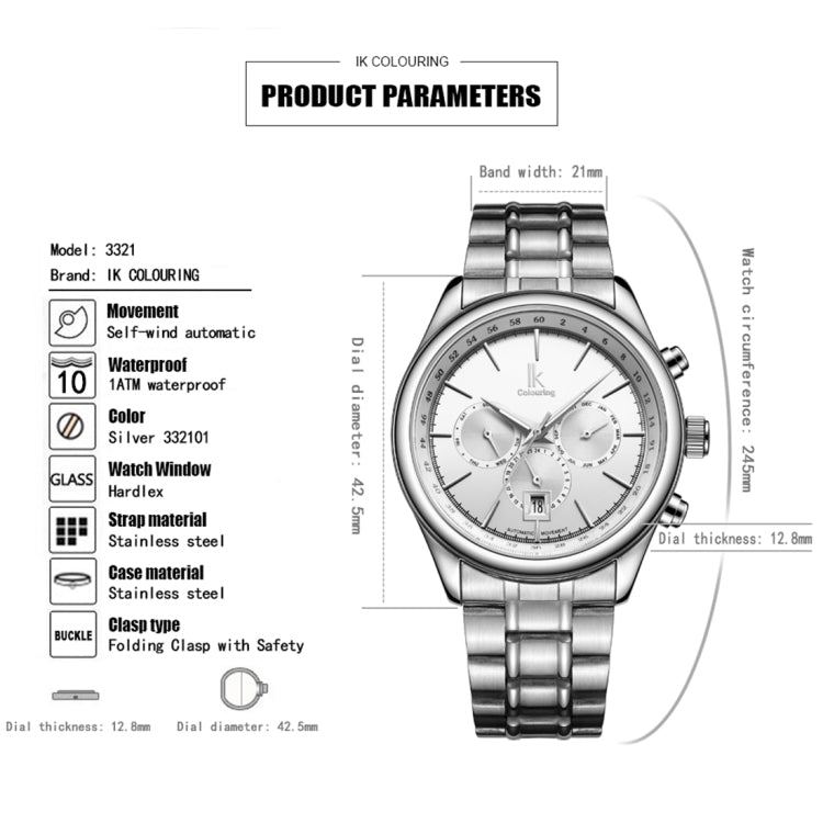 IK COLOURING 3321 1ATM Waterproof Sport Mechanical Men Watch with Stainless Steel Strap & Luminous Hands & Simple Nailed Scale & Arabic Number, Nailed Scale & Multi-functional Three Dials & Month, Week,24 Hours Dial & Calendar Display(Silver)