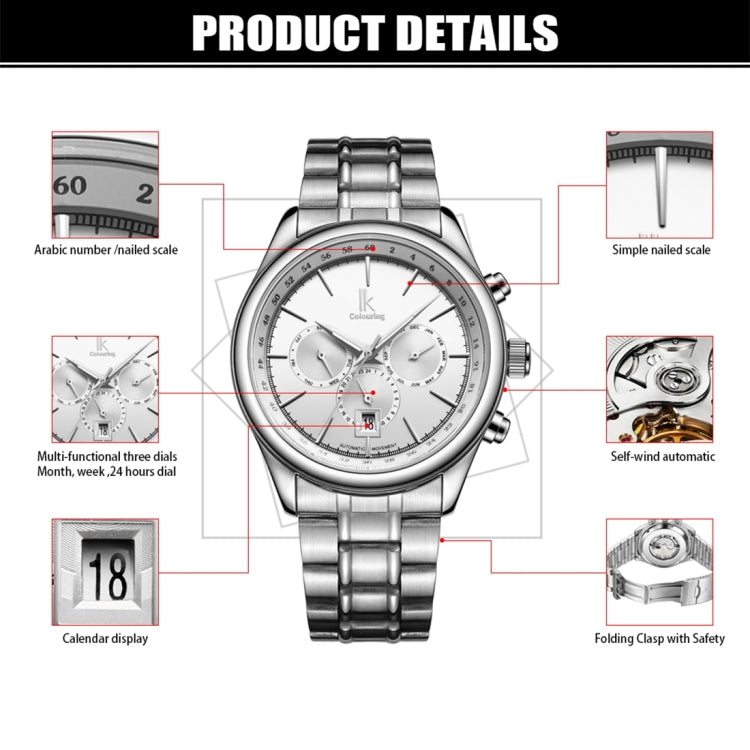 IK COLOURING 3321 1ATM Waterproof Sport Mechanical Men Watch with Stainless Steel Strap & Luminous Hands & Simple Nailed Scale & Arabic Number, Nailed Scale & Multi-functional Three Dials & Month, Week,24 Hours Dial & Calendar Display(Silver)