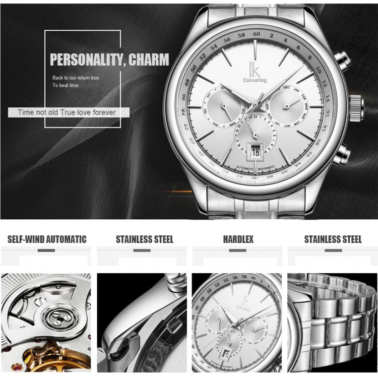 IK COLOURING 3321 1ATM Waterproof Sport Mechanical Men Watch with Stainless Steel Strap & Luminous Hands & Simple Nailed Scale & Arabic Number, Nailed Scale & Multi-functional Three Dials & Month, Week,24 Hours Dial & Calendar Display(Silver)