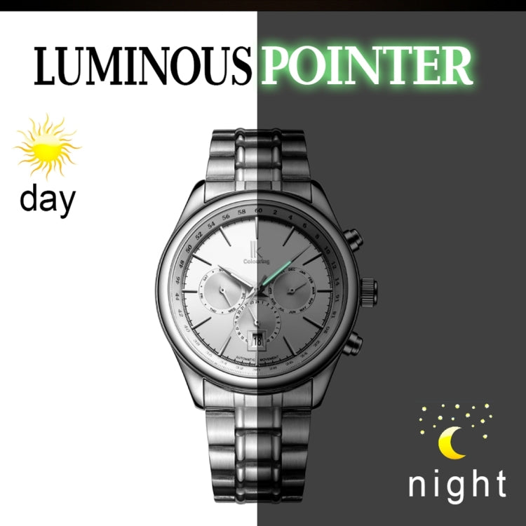IK COLOURING 3321 1ATM Waterproof Sport Mechanical Men Watch with Stainless Steel Strap & Luminous Hands & Simple Nailed Scale & Arabic Number, Nailed Scale & Multi-functional Three Dials & Month, Week,24 Hours Dial & Calendar Display(Silver)