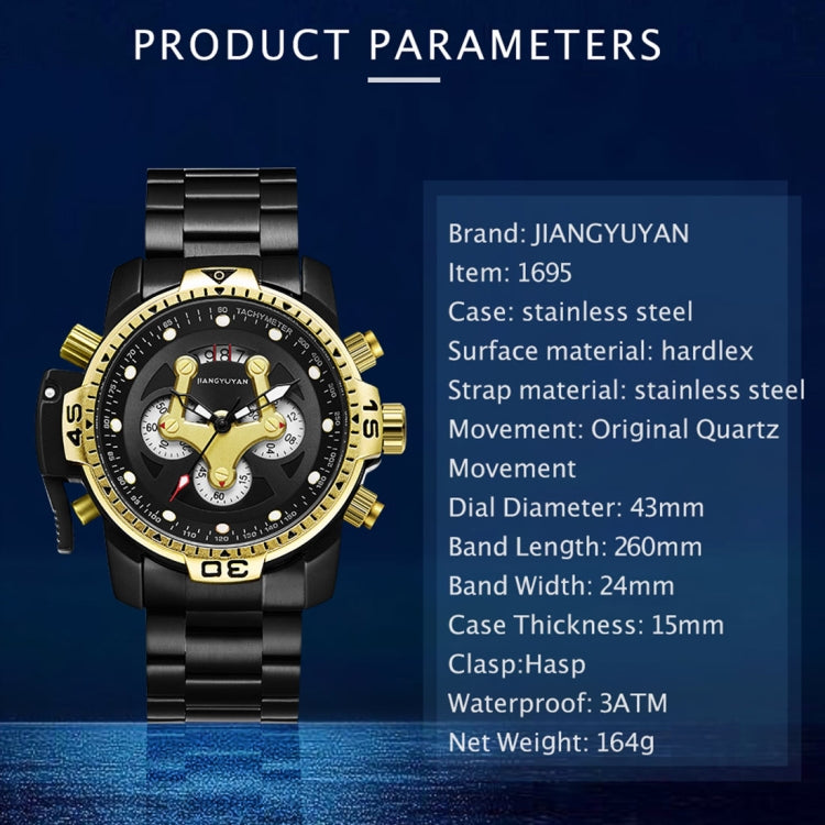 1695 JIAYUYAN Fashionable Multifunctional Style Quartz Wrist Watch with Stainless Steel Strap/Band & GMT Time & Calendar  for Men