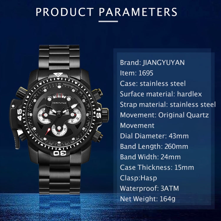 1695 JIAYUYAN Fashionable Multifunctional Style Quartz Wrist Watch with Stainless Steel Strap/Band & GMT Time & Calendar  for Men