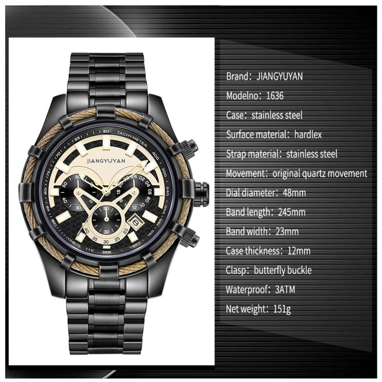 1636 JIAYUYAN Fashion Quartz Wrist Watch with Multi-function Small Dail & Calendar Stainless Steel Strap/Band  Watch For Man (Black)