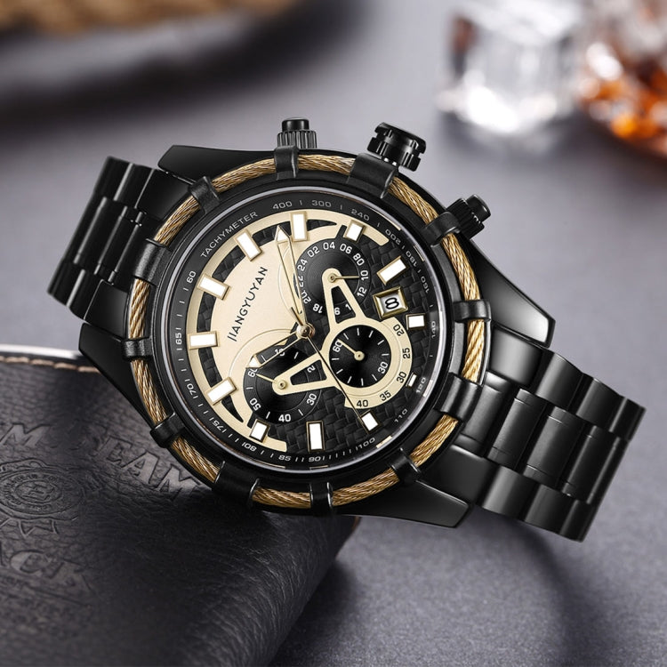 1636 JIAYUYAN Fashion Quartz Wrist Watch with Multi-function Small Dail & Calendar Stainless Steel Strap/Band  Watch For Man (Black)