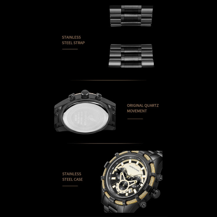 1636 JIAYUYAN Fashion Quartz Wrist Watch with Multi-function Small Dail & Calendar Stainless Steel Strap/Band  Watch For Man (Black)