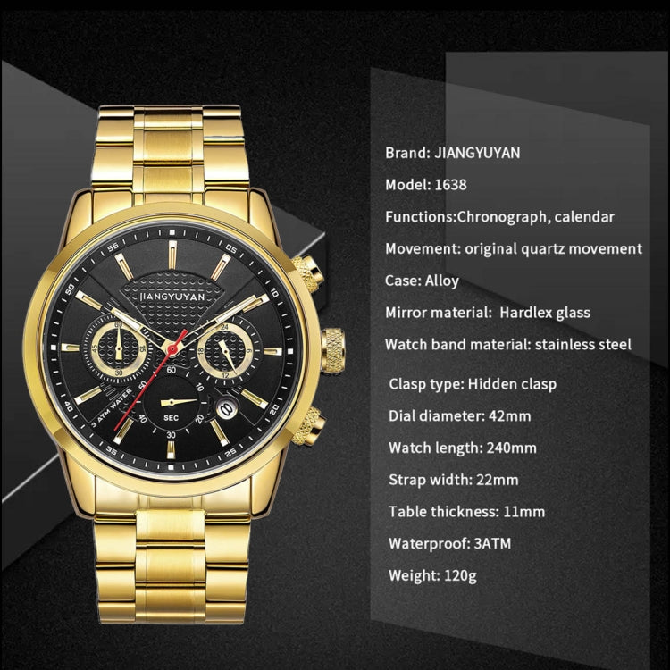 1638 JIAYUYAN Fashion Quartz Wrist Watch with Multi-function Small Dail & Calendar &Luminous Pointer Steel Band  Watch For Man