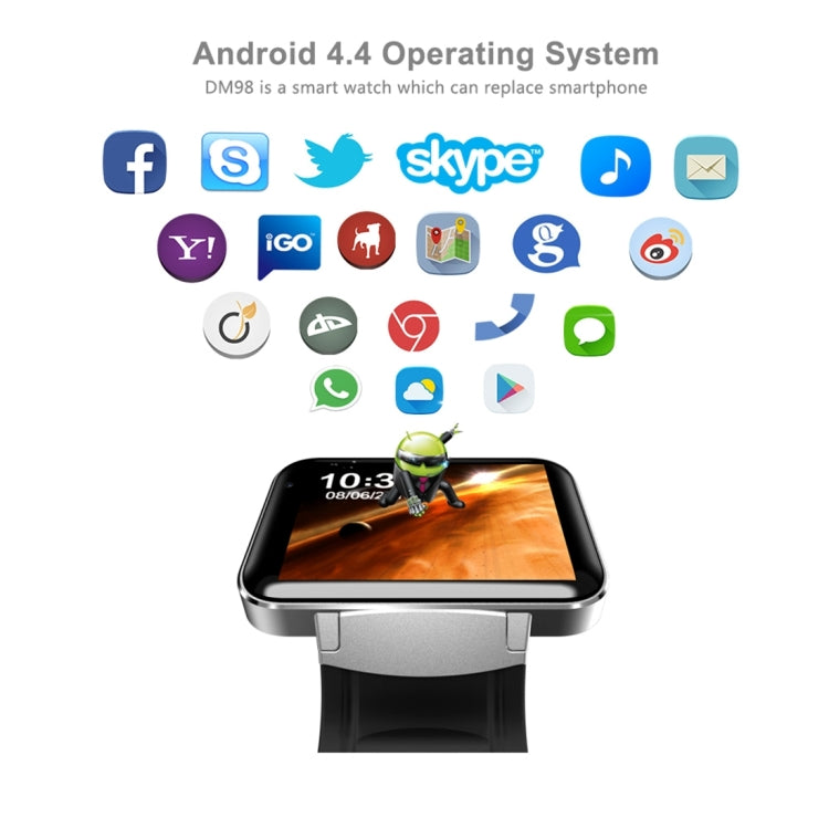 DOMINO DM98 Smart Watch Phone, 512MB + 4GB, 2.2 inch IPS Capacitive Touch Screen MT6572A Dual Core 1.2Ghz Bluetooth 4.0 Smart Watch Phone, Support GSM / WCDMA / WiFi / GPS / BT / Facebook / WhatsApp / Apps From Downloading / Anti-lost(Black)