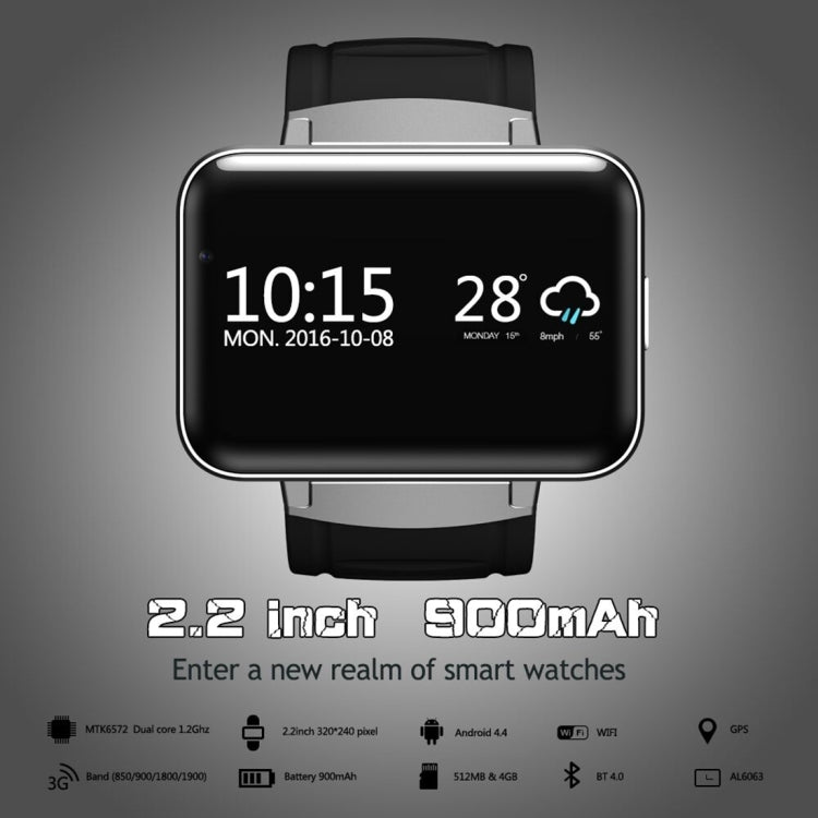 DOMINO DM98 Smart Watch Phone, 512MB + 4GB, 2.2 inch IPS Capacitive Touch Screen MT6572A Dual Core 1.2Ghz Bluetooth 4.0 Smart Watch Phone, Support GSM / WCDMA / WiFi / GPS / BT / Facebook / WhatsApp / Apps From Downloading / Anti-lost(Black)