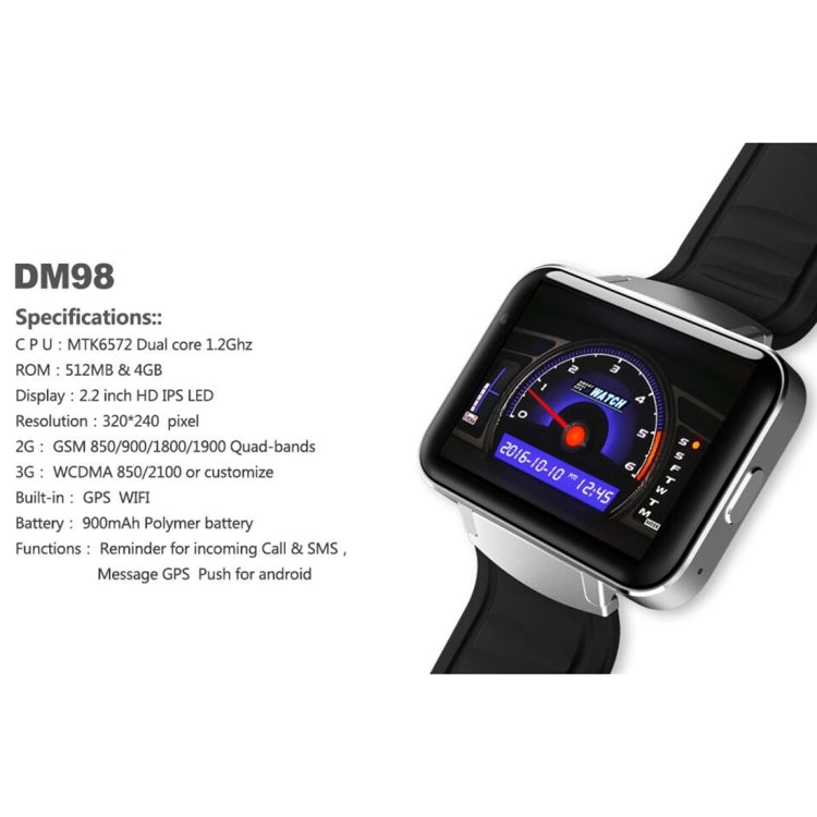 DOMINO DM98 Smart Watch Phone, 512MB + 4GB, 2.2 inch IPS Capacitive Touch Screen MT6572A Dual Core 1.2Ghz Bluetooth 4.0 Smart Watch Phone, Support GSM / WCDMA / WiFi / GPS / BT / Facebook / WhatsApp / Apps From Downloading / Anti-lost(Black)