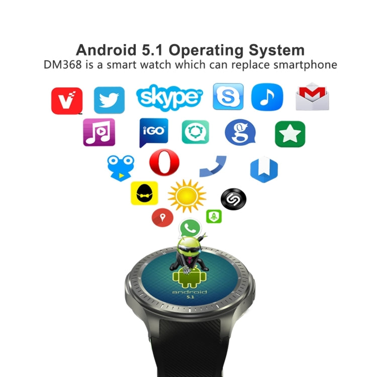 DOMINO DM368 Smart Watch Phone, 512MB + 8GB, 1.39 inch AMOLED Display Capacitive Touch Screen MTK6580 Quad Core 1.3Ghz Bluetooth 4.0 Smart Watch Phone, Support GSM / WCDMA / WiFi / GPS / BT / Facebook / Whatapp / Apps From Downloading / Anti-lost