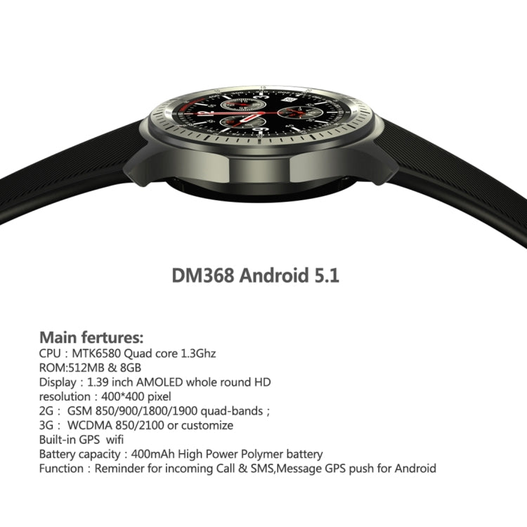 DOMINO DM368 Smart Watch Phone, 512MB + 8GB, 1.39 inch AMOLED Display Capacitive Touch Screen MTK6580 Quad Core 1.3Ghz Bluetooth 4.0 Smart Watch Phone, Support GSM / WCDMA / WiFi / GPS / BT / Facebook / Whatapp / Apps From Downloading / Anti-lost