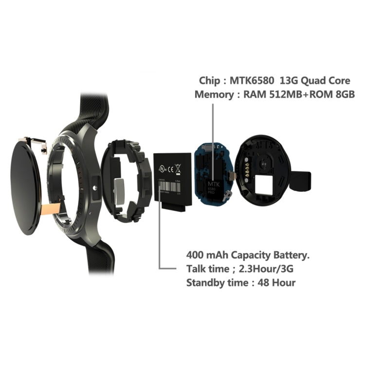 DOMINO DM368 Smart Watch Phone, 512MB + 8GB, 1.39 inch AMOLED Display Capacitive Touch Screen MTK6580 Quad Core 1.3Ghz Bluetooth 4.0 Smart Watch Phone, Support GSM / WCDMA / WiFi / GPS / BT / Facebook / Whatapp / Apps From Downloading / Anti-lost