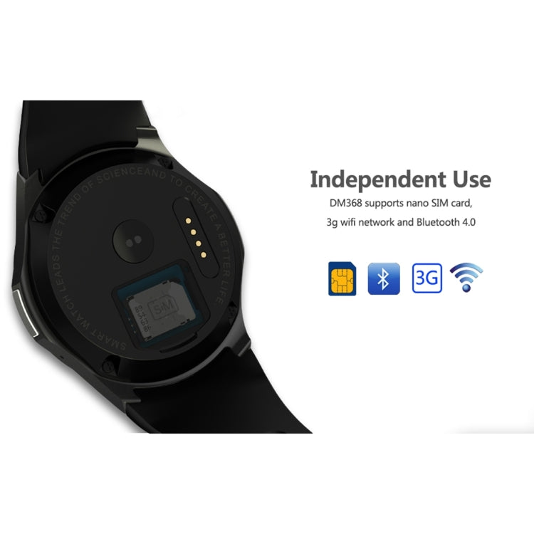 DOMINO DM368 Smart Watch Phone, 512MB + 8GB, 1.39 inch AMOLED Display Capacitive Touch Screen MTK6580 Quad Core 1.3Ghz Bluetooth 4.0 Smart Watch Phone, Support GSM / WCDMA / WiFi / GPS / BT / Facebook / Whatapp / Apps From Downloading / Anti-lost