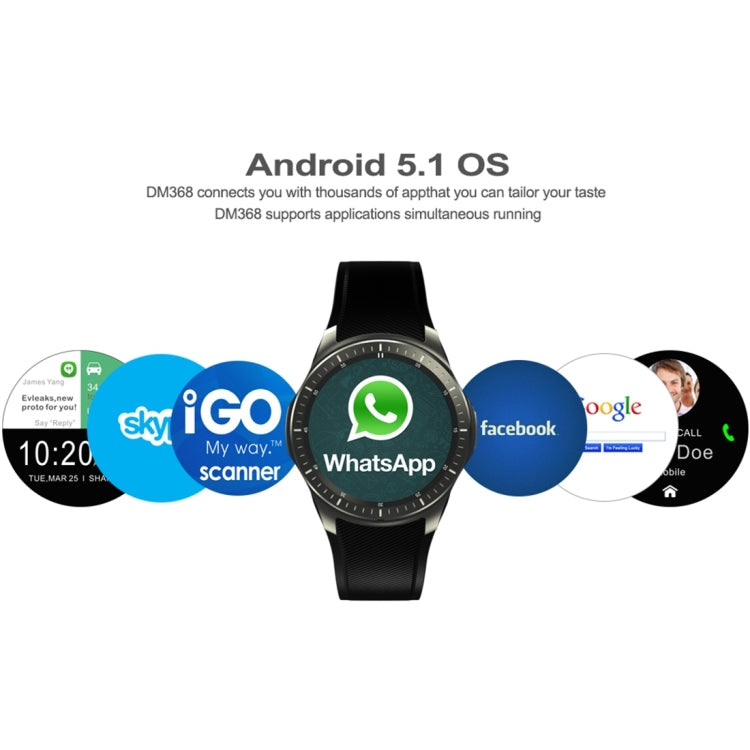 DOMINO DM368 Smart Watch Phone, 512MB + 8GB, 1.39 inch AMOLED Display Capacitive Touch Screen MTK6580 Quad Core 1.3Ghz Bluetooth 4.0 Smart Watch Phone, Support GSM / WCDMA / WiFi / GPS / BT / Facebook / Whatapp / Apps From Downloading / Anti-lost
