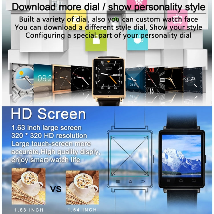 DTNO.1 D6 Smart Watch Phone, 1GB+8GB, 1.63 inch Android 5.1 MTK6580 Quad Core 1.3GHz, Network: 3G, Support Heart Rate Monitor & Pedometer & GPS & WiFi & Bluetooth & FM radio & Recording &  Barometer & Stopwatch(Gold)