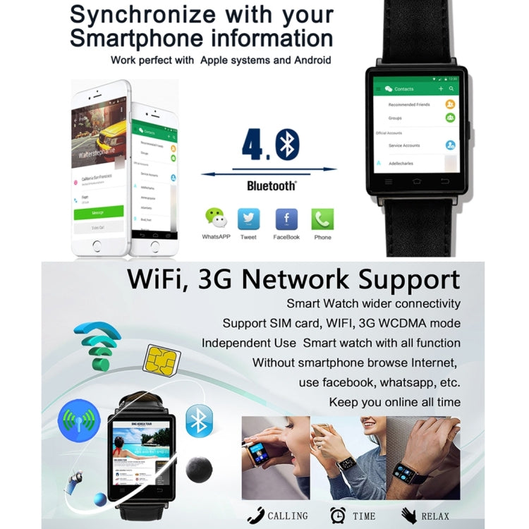 DTNO.1 D6 Smart Watch Phone, 1GB+8GB, 1.63 inch Android 5.1 MTK6580 Quad Core 1.3GHz, Network: 3G, Support Heart Rate Monitor & Pedometer & GPS & WiFi & Bluetooth & FM radio & Recording &  Barometer & Stopwatch(Gold)