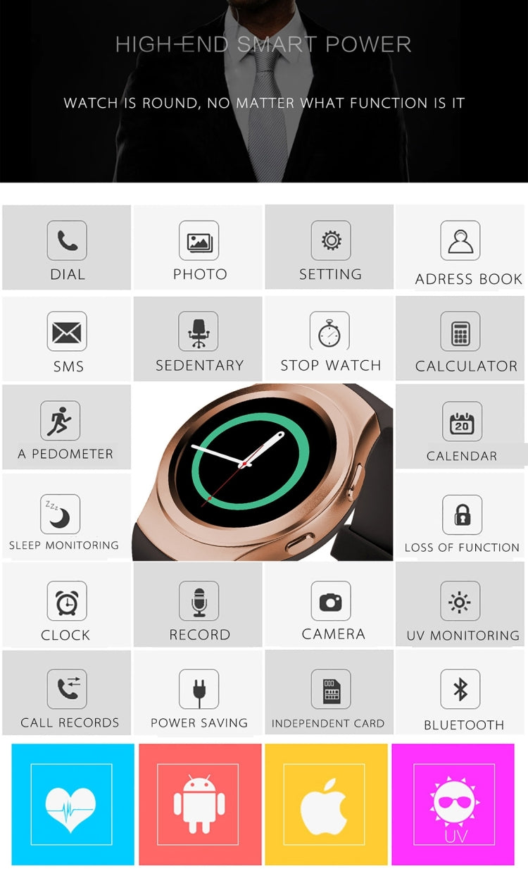 DTNO.1 G3 Smart Watch Phone, 64MB+128MB, 1.3 inch Linkit MTK2502C, Network: 2G, Support Heart Rate Monitor & Pedometer & Bluetooth & Sleep Monitor & Sedentary Reminder & Stopwatch(Black)