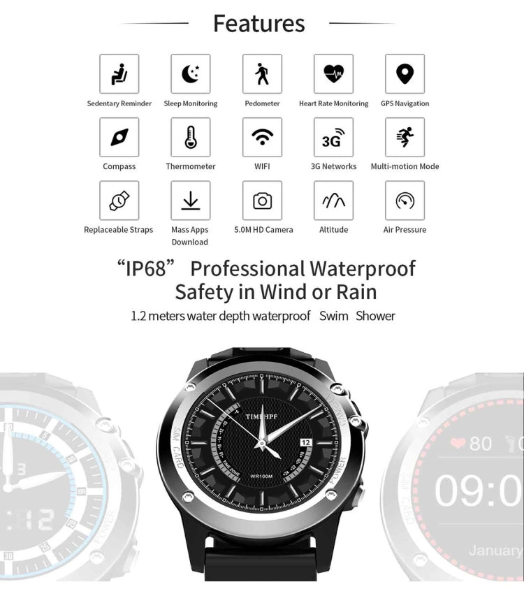 DTNO.1 H1 Smart Watch Phone, 512MB+4GB, 5MP Camera, IP68 Waterproof, 1.39 inch Android 4.4 MTK6572 Dual Core 1.0GHz, Network: 3G, Support Heart Rate Monitor & Pedometer & GPS & WiFi & Bluetooth & Sleep Monitor & Sedentary Reminder