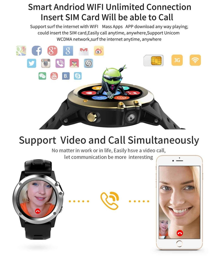 DTNO.1 H1 Smart Watch Phone, 512MB+4GB, 5MP Camera, IP68 Waterproof, 1.39 inch Android 4.4 MTK6572 Dual Core 1.0GHz, Network: 3G, Support Heart Rate Monitor & Pedometer & GPS & WiFi & Bluetooth & Sleep Monitor & Sedentary Reminder