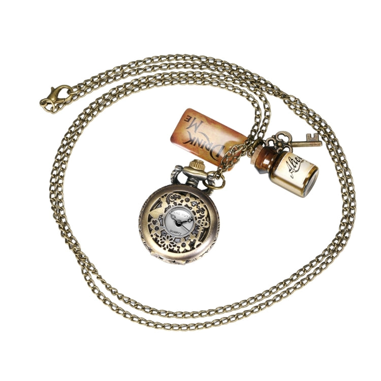 JIANGYUYAN Round Dial Bronze Pattern Retro Key Wishing Bottle Adornment Quartz Pocket Watch with Alloy Chain