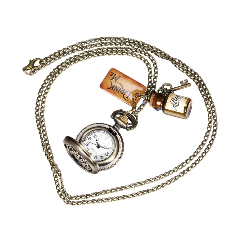 JIANGYUYAN Round Dial Bronze Pattern Retro Key Wishing Bottle Adornment Quartz Pocket Watch with Alloy Chain