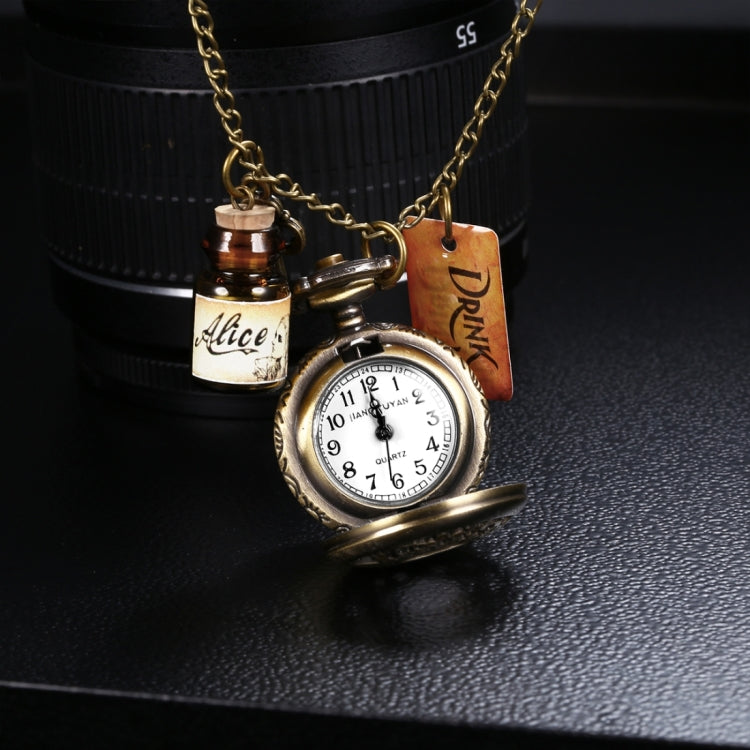 JIANGYUYAN Round Dial Bronze Pattern Retro Key Wishing Bottle Adornment Quartz Pocket Watch with Alloy Chain